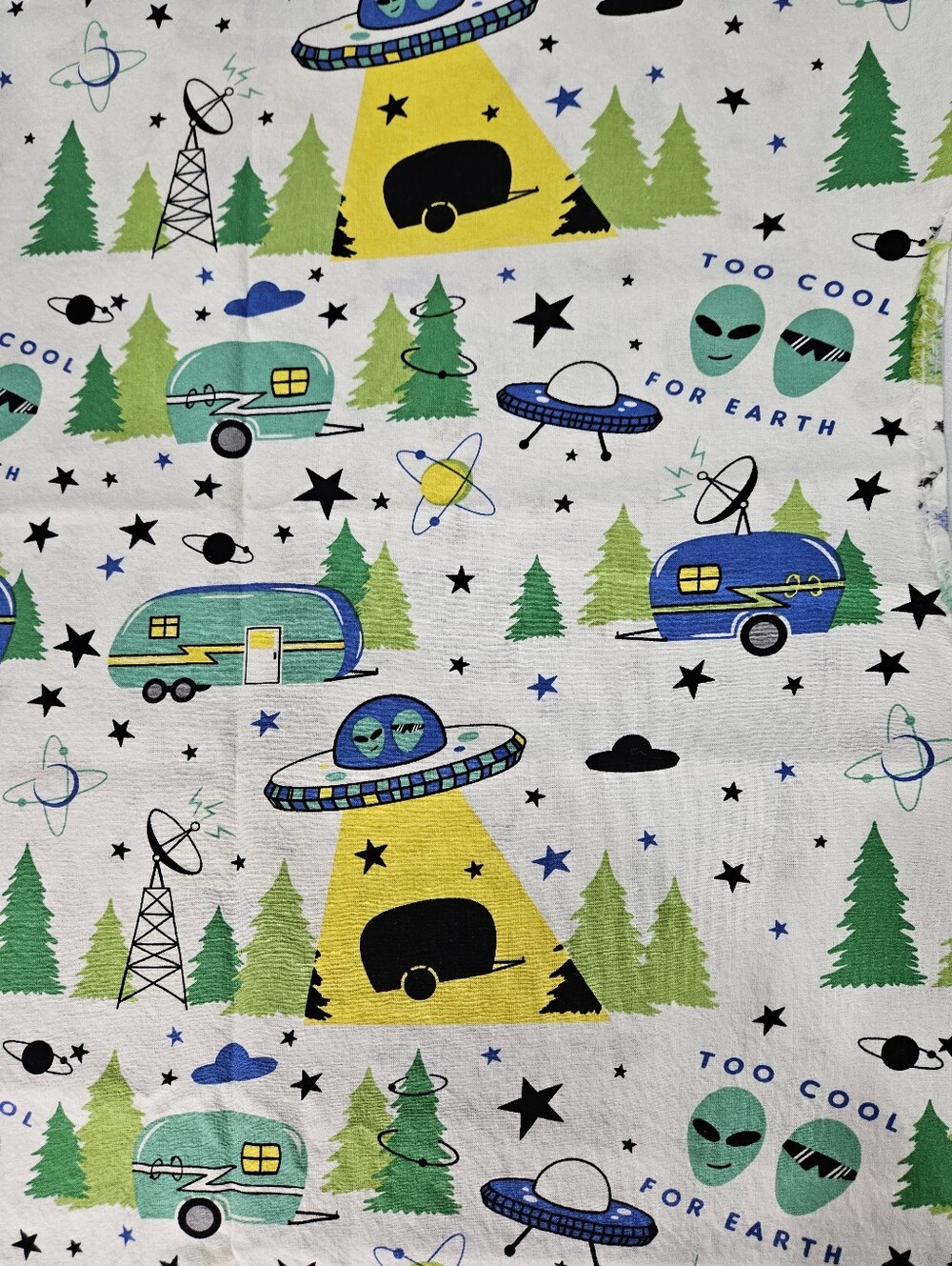 Alien UFO Camper Print Cotton Fabric  - White/Green/Blue, Sold By The Yard